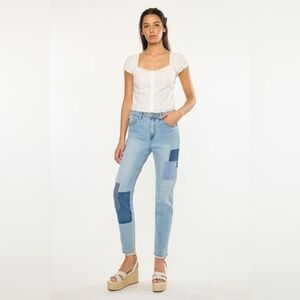 KanCan Nami High Rise Mom Women’s light wash jeans with a patchwork design